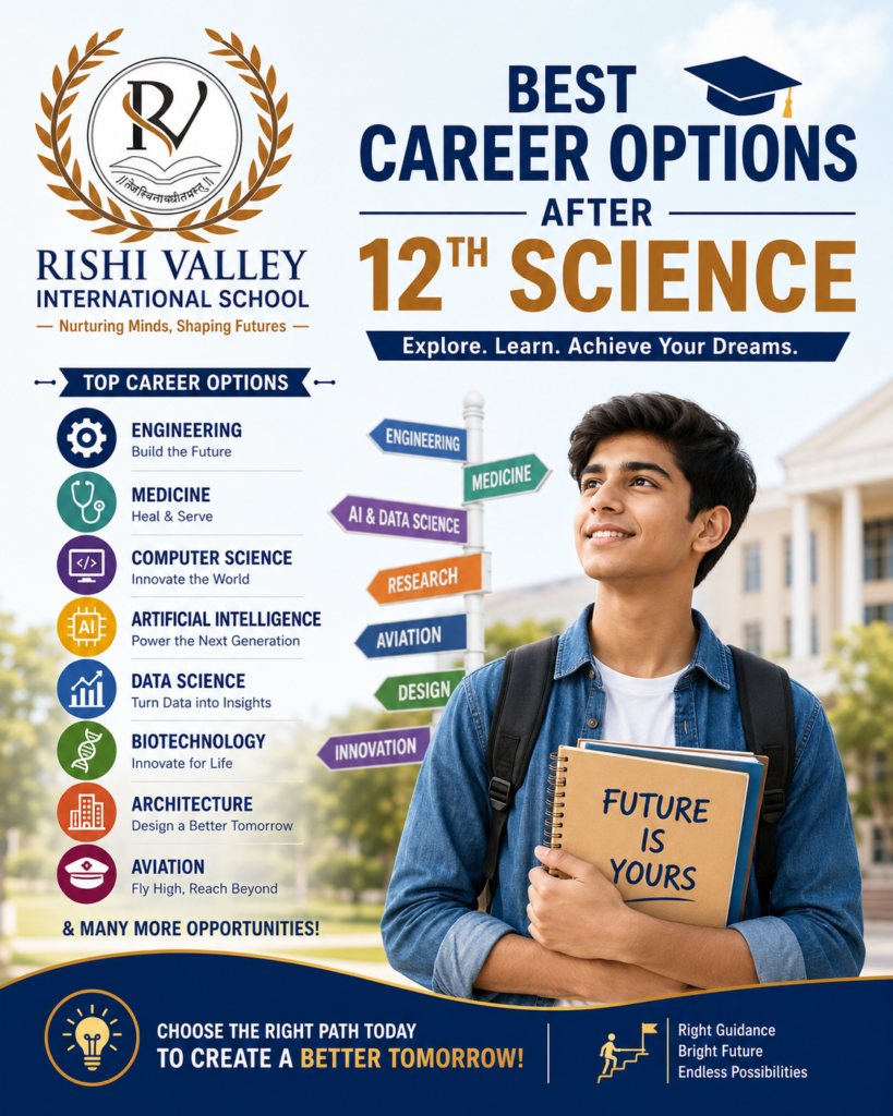 Student exploring the best career options after 12th Science, including engineering, medicine, AI, data science, and biotechnology at Rishi Valley International School.